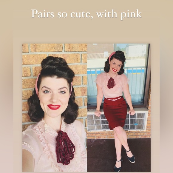 Rare Vintage 1940s maroon red suit, set skirt and jacket with black appliqués - Picture 7 of 10